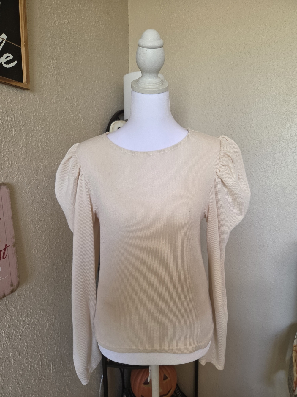 Zara Cream Puff-Sleeve Ribbed Long-Sleeve Top